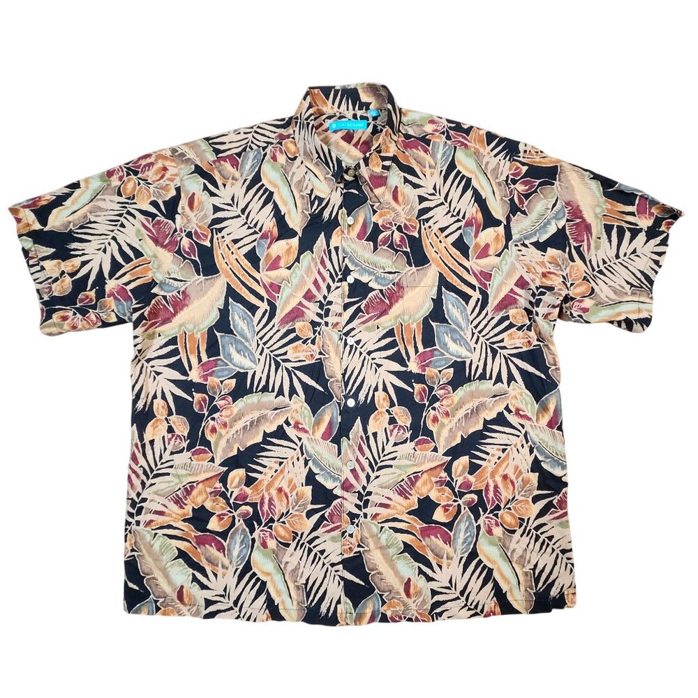 Tori Richard Mens Hawaiian Shirt XL Cotton Leaf Print Black Multicolor